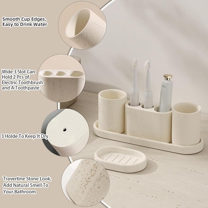 Bathroom Accessories Set, 4 pcs Toothbrush Holders Set Included 3 Slots Electric Toothbrush and Toothpaste Holder Stand, 2 Tumblers & Tray for Bathroom Countertop Sink Modern Decor (White)