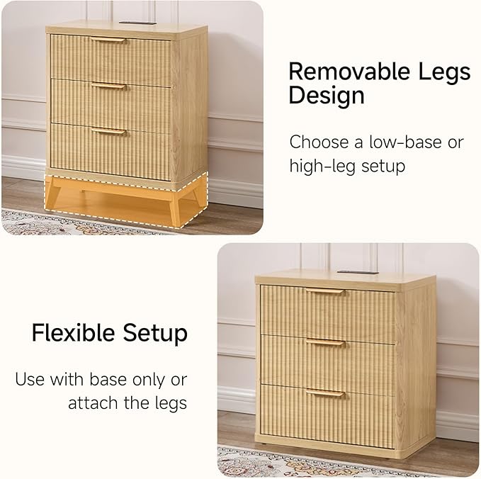 Fluted Nightstand with Charging Station, 23'' Modern Side Table with 3 Large Storage Drawers, Wide Night Stand Bedside End Table Tall Wooden Dresser for Bedroom