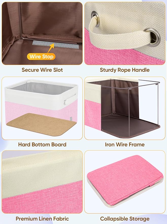 BALEINE 2 Pack Fabric Storage Bins for Shelves, Linen Storage Baskets for Organizing, Decorative Closet Bins for Clothes, Home (Pink, 17''x13''x10.5'')