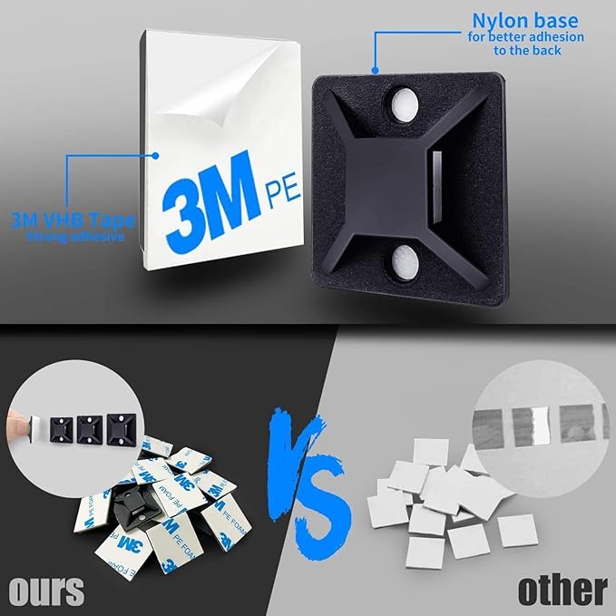 Zip Tie Mounts - SeuYeugX 1000 PCS Cable Self Adhesive Mounts Set for Wire Management with Stick Pads Anchors Clips Squares Holders (Black)