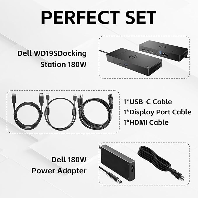 Dell WD19S 180W Docking Station, Performance Dock WD19S - 3 Year Warranty, with 180W Power Adapter + 130W Power Delivery + HDMI Cable + DisplayPort Cable + USB-C Cable, New