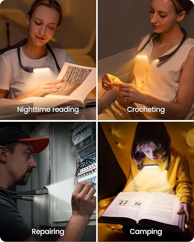 Glocusent Book Light, 100Hrs Long Lasting Rechargeable Reading Light, 5 Colors & Stepless Dimming Neck Light - Perfect Book Lights for Reading at Night, Knitting, Book Lovers Gifts