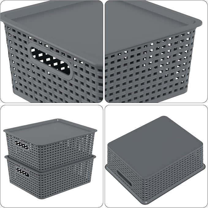 Hespama 6 Pack Plastic Woven Baskets, Stackable Storage Basket with Lid, Dark Grey
