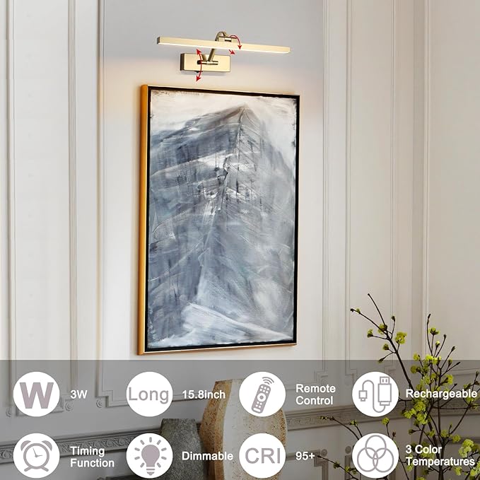 Wireless Picture Lights with Remote and Timer Brass Gallery Lighting Rechargeable Wireless Art Lights 3CCT Dimmable Painting Lights Battery operated wall lights for Portrait artwork display 3W 16"