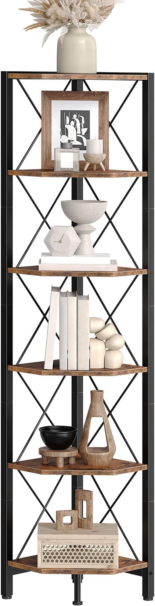 6-Tier Corner Shelf, Corner Bookcase, 66.9" Tall Vertical Display Rack, Plant Stand, Open Storage Shelf, for Living Room, Bedroom, Study, Kitchen, Rustic Brown and Black TCJ13BF