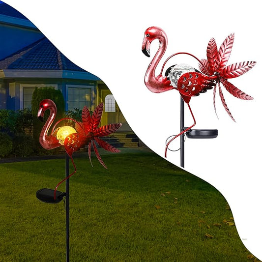 Flamingo Solar Light Wind Spinner Outdoor Garden Decoration, Waterproof Garden Stake LED with Cracked Glass Ball, Gift for Mom, Lawn Ornaments for Pathway, Patio, Yard Decor Outdoor