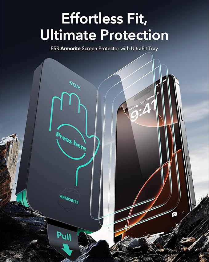 ESR 3 Pack 9H+ Glass for iPhone 16 Pro Max Screen Protector, [Military Grade Shatterproof & Longest Durable] Armorite Ultra-Tough Tempered Glass with UltraFit Tray