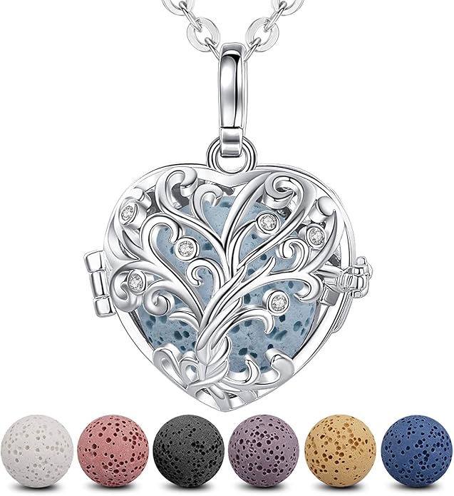 INFUSEU Tree of Life Pendant Aromatherapy Necklace for Women Essential Oil Diffuser Jewelry Healing Lava Rock Stone Heart Spiritual Gifts Items for Meditation Yoga Aroma Perfume