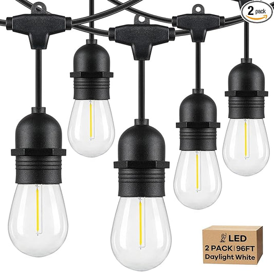 Lakumu 2-Pack 96FT Outdoor String Lights with Waterproof Shatterproof Dimmable 5000K Daylight White E12 Filament S14 LED Bulbs for Backyard Hanging Lights Linkable Patio Light for Deck Bistro Pergola