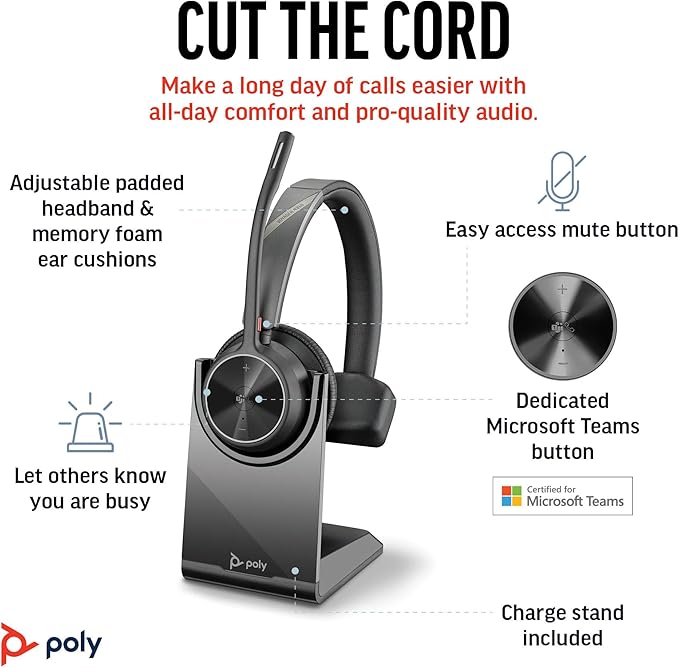 Poly Voyager 4310 UC Wireless Headset With Mic for Work, Mono, Charge Stand - Noise-Canceling Boom Mic - Connect PC via USB-C/USB-A Adapter, Phone via Bluetooth - Microsoft Teams Certified
