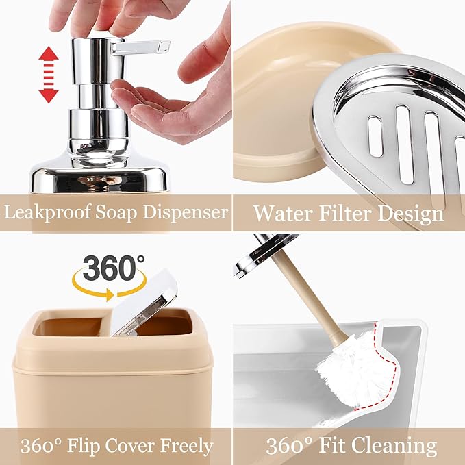 Beige Bathroom Set, Plastic 9-Piece Bathroom Set with Trash Can, Soap Dispenser, Toothbrush Holder, Toothbrush Cup, Soap Dish, Toilet Brush, Tray and Q-tip Holders for Bathroom/Housewarming