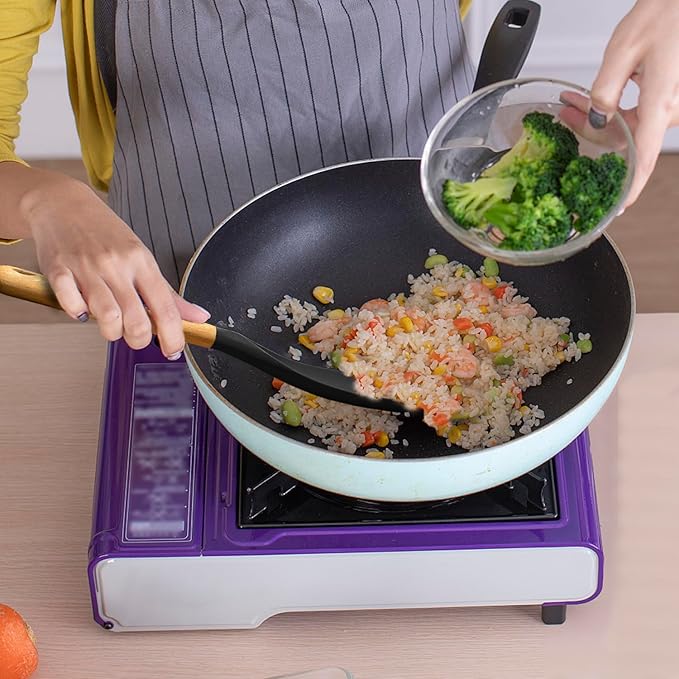 Cooking Spoon Set for Nonstick Cookingwares with Lengthed Wooden Handle, VOVOLY Silicone Spatula Spoon for Mixing, Scoop, and Scrape, Black, 13.4'', 2-Pack