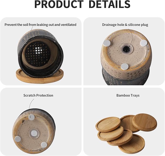 TAMAYKIM 2.75 Inch Mini Ceramic Succulent Plant Pots, Black Indoor Small Planter, Retro Elements Planter Pots with Saucer & Drainage Hole, for Cactus, Small Plants, Set of 6 (Plant Not Included)