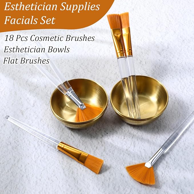30 Pcs Esthetician Supplies for Facials Set-10 Gold Facial Bowls 10 Facial Brushes Esthetician 10 Flat Brushes Face Mask Cosmetic Applicators for Women Face Mask Mixing Kit