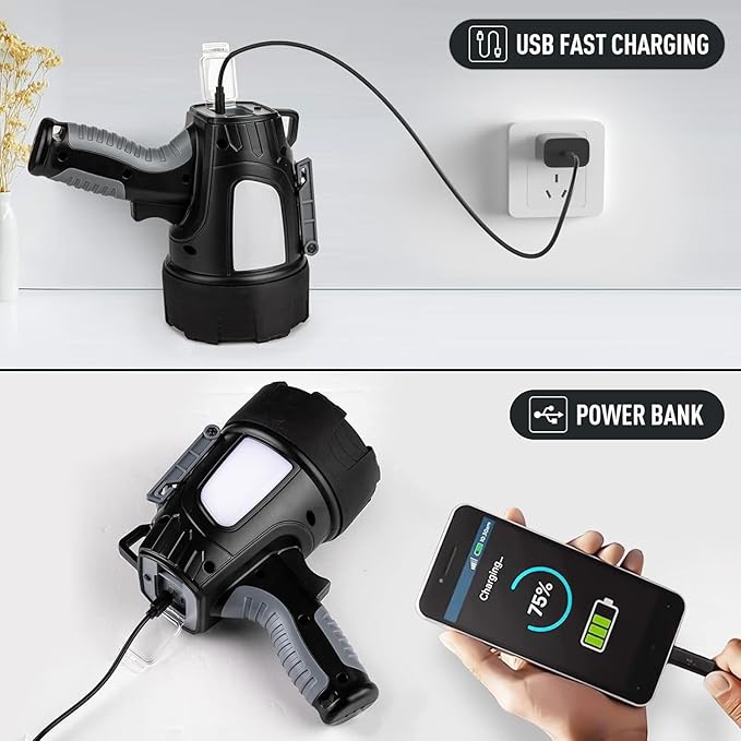 LBE Rechargeable Spotlight Outdoor, 90,000 Lumens Led Spotlight Flashlight with Cob Light and Foldable Tripod, 6 Modes Waterproof Handheld Spot Light for Outdoor Marine Boating Hµnting