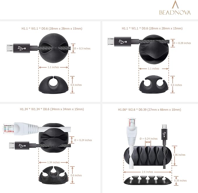 BEADNOVA Cable Clips Cord Organizer Cable Management Wire Cord Holder 24 Pcs Adhesive Wire Holder for Car Charging Accessory PC Office (Black,1 Slots, 2 Slots, 3 Slots,5 Slots)