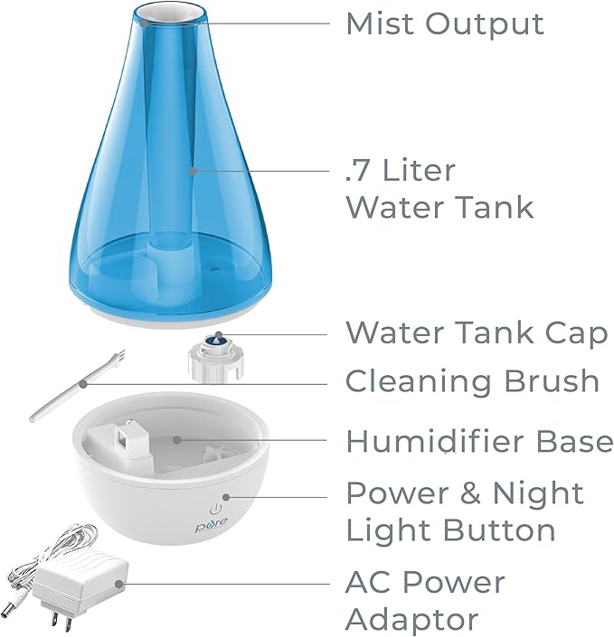 Pure Enrichment MistAire Studio Ultrasonic Cool Mist Humidifier - Small & Compact, Overnight Operation, 2 Mist Settings, Optional Night Light, & Auto Shut-Off - For Offices, Plants & Small Spaces
