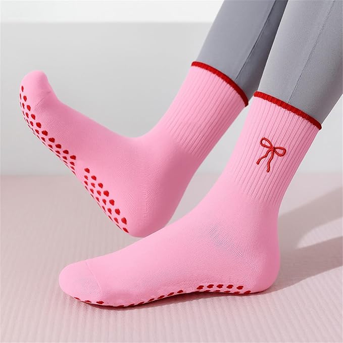 3 Pairs Cute Pilates Socks with Grips for Women Non Slip Yoga Socks Grippy Crew Socks Embroidery Pattern for Workout Ballet