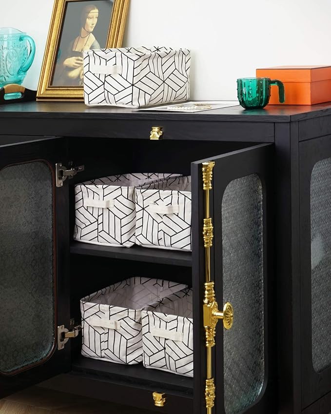 CROWNED 6 Pcs Storage Basket Foldable Cube Fabric Bins Square Mini Box Receive Organizer Rectangle Canvas with Handles for Home Office Books Small 11x8x6.3 inch White