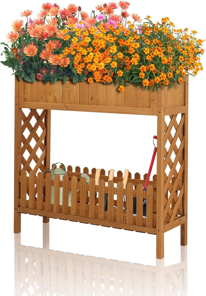 Outvita Raised Garden Bed, 37" L x 13" W x 35" H Wood Planter Box, Outdoor Wooden Elevated Planter Standing Gardening Box with Legs & Storage Shelf for Vegetable Fruits Flower Herb in Patio & Garden