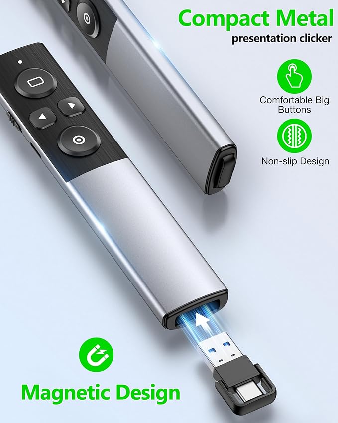 Wireless Presentation Clicker- Clicker for Powerpoint Presentations- Rechargeable Presentation Remote, Slide Advancer for Keynote/PPT/Mac/PC/Laptop