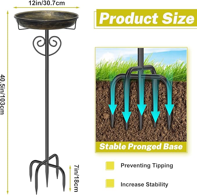 Metal Bird Bath for Outside, Standing Garden Bird Bath Bird Feeder Bowl with 5-Pronged Stake, Detachable Birdfeeder Bath for Outdoors Garden Patio Yard Lawn Decor (Vintage Gold)