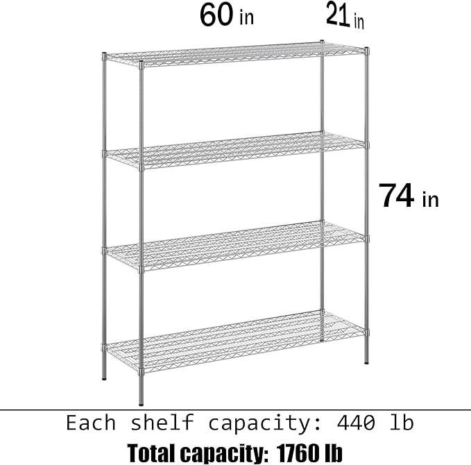 21" Deep x 60" Wide x 74" Height Wire Shelving Kit | 4-Tier | NSF Commercial Storage Rack Unit