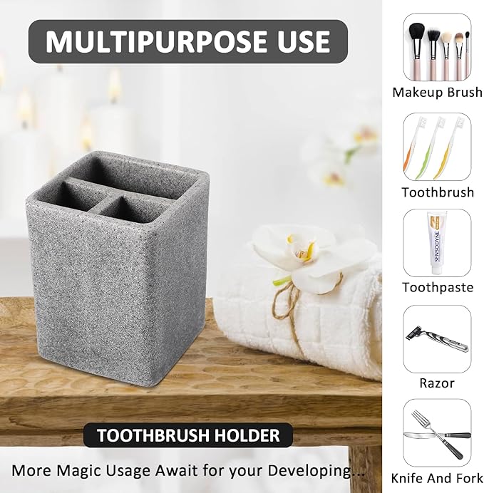 Resin Matte Gray Bathroom Toothbrush Cups Set with Holder and Tray, 4 Pcs Bathroom Accessories Set Counter Organizer for Sink Home Decor