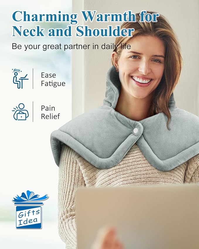 Heating Pad for Neck and Shoulder, Birthday Gifts for Men Women Dad Mom, Electric Weighted Heat Pad for Back Pain Relief, Christmas Gifts, Grey