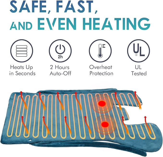Heating Pad with Massager for Neck and Shoulders, Wearable Electric Heating Pads for Back Pain Relief, Auto-Shut Off, 6 Heat Settings, 4 Massage Modes, Large Size, UL Certified, Blue
