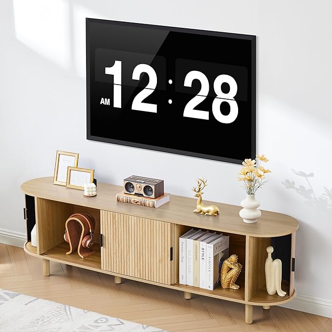 70-Inch Mid Century Modern TV Stand, Curved Entertainment Center with Fluted Sliding Doors, Storage Cabinet for TVs up to 75 Inch, Media Console for Living Room, Bedroom, Natural