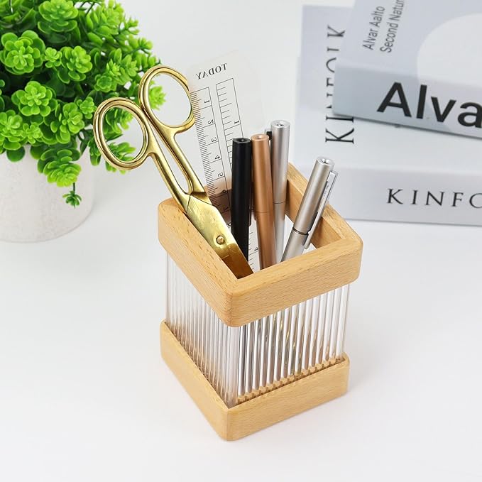 MultiBey Beech Wooden Pencil Holder, Clear Acrylic Wood Pen Holder, Modern Pen Cup Organizer Stand Wood Desk Accessory Organizer for School Office Home Supplies
