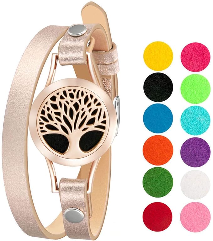 Wild Essentials Rose Gold Tree Essential Oil Bracelet Diffuser, Leather Wrap Band, Stainless Steel Locket Pendant, 12 Color Refill Pads, Customizable Color Changing Perfume Jewelry for Aromatherapy