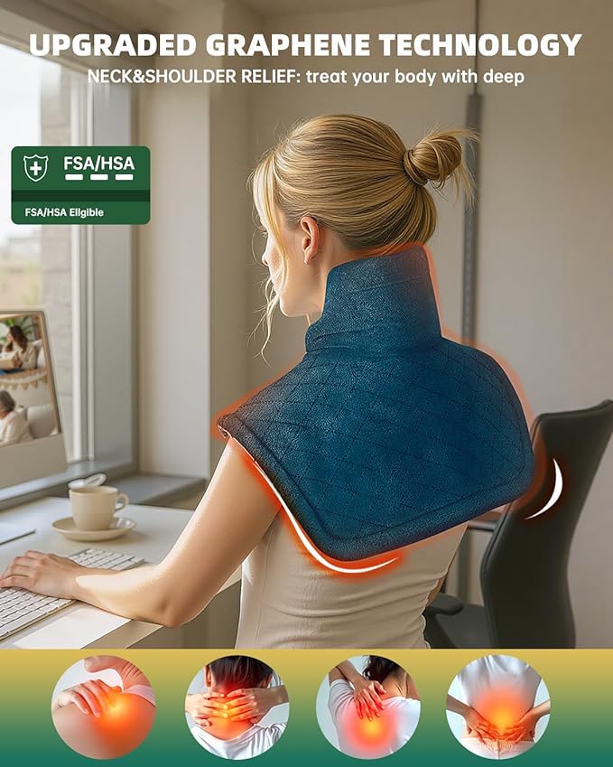 Graphene-Infused Heating Pad for Neck and Shoulders and Back Pain Relief,Upgraded Weighted 3X Deeper Heat Therapy Wrap with 6 Temperature Settings & 4 Auto-Off Timers,Large Heated Wrap, 23"x19"
