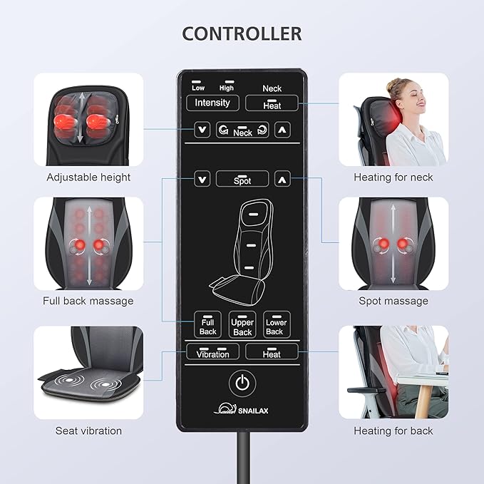 Snailax Shiatsu Back Massager with Heat -Deep Kneading Massage Chair Pad with Adjustable Intensity, Shiatsu Chair Massager to Relax Full Body Muscle