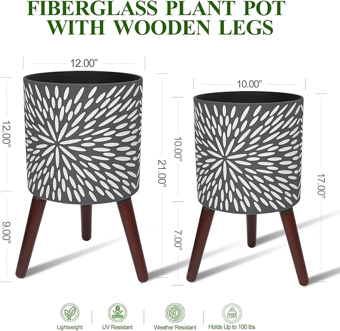 10 & 12 Inches Plant Pot with Stand Set of 2, Large Matte Gray Modern Planters for Indoor Outdoor Plants with Drainage Holes, Big Flower Pots with Wood Legs