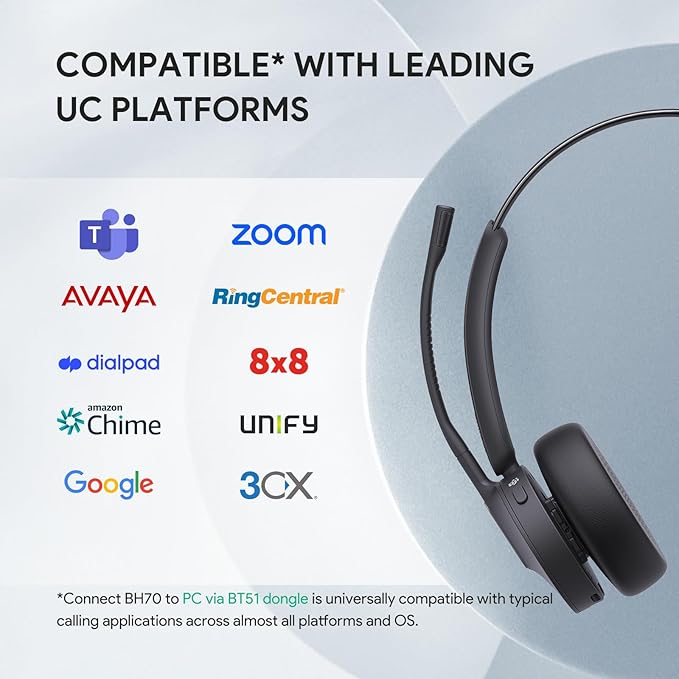 Yealink BH70 with Stand Wireless Bluetooth Headset with Microphone for Work, up to 35h Talking Battery Life, 3 Noise Cancellation Mics, Teams Certified, ≤90min Fast Charging, NO Power Adapter Needed