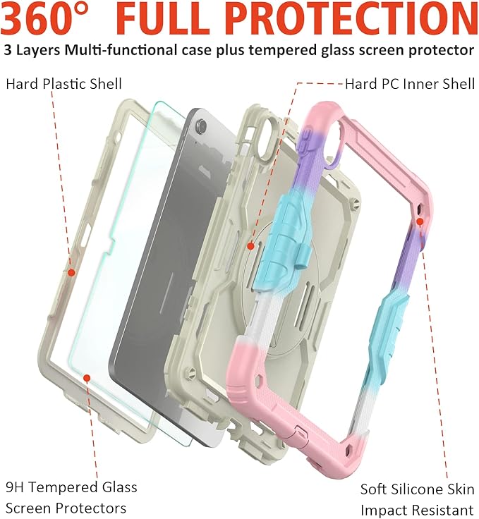 Ambison Case for iPad A16 11th/10th Generation 11"/10.9'' 2025/2022,Heavy Duty Shockproof Case with Tempered Glass Screen Protector, 360° Rotating Handle Strap&Stand,Shoulder Strap-Pink