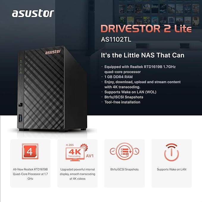 Asustor Drivestor 2 Lite AS1102TL, 2 Bay NAS Enclosure Network Storage, 1.7GHz Quad Core, 1GbE Port, 1GB RAM DDR4, Network Attached Storage for Cloud Storage (Diskless)