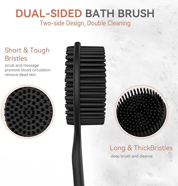 3 PCS Silicone Bath Brush Set,Back Scrubber & Body Brush & Face Brush Set, Super-Exfoliating & Lathering Body Scrubber, Shower Brush, Face Scrubber Combination for HomeBathroom Hotel Travel.(Black)