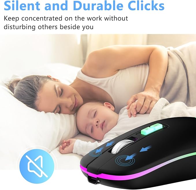 KARFUN Wireless Mouse, Backlit LED Portable Slim Computer Mouses for Laptop, PC, Computer, MacBook, iPad, Chromebook, Notebook, 2.4G Rechargeable Wireless Mouse (Black-Black Nose)