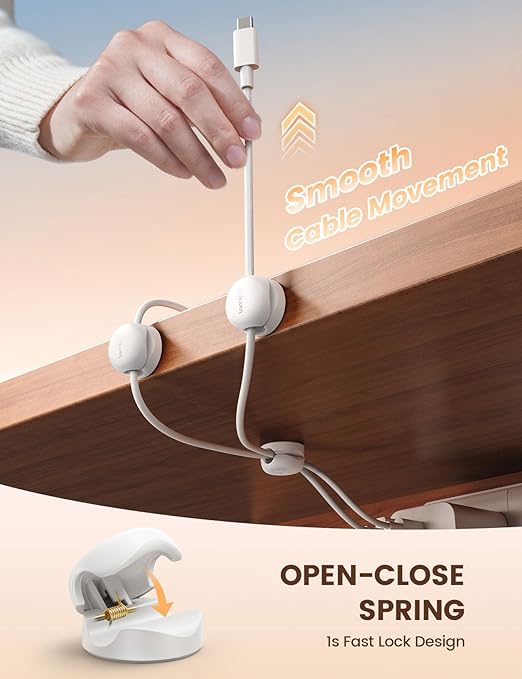 Lamicall Spring Cord Organizer, Office Desk Accessories - 12Pack Compact Desk Cable Management Holder Clips, Nightstand Phone Charging Cord Holder, 8mm Slot Adhesive Wire Organizer, White