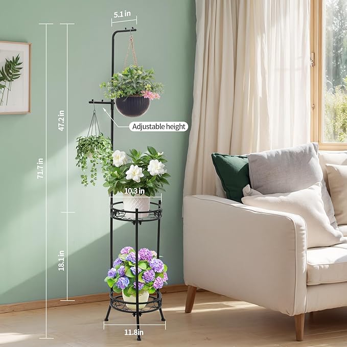 Adjustable Metal 4 Potted Flower Pot Plant Stands - 2 Tier 72 inch Tall Indoor Outdoor Heavy Duty Plant Shelf with Hangers - Perfect for Living Room Corner and Patio (White)