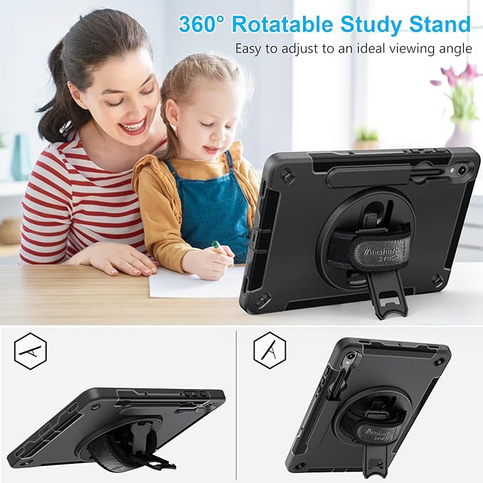 Case for Galaxy Tab S10 Lite &S10 FE S9 FE 10.9"/S9 11 Inch: TPU Cover for Samstng Tablet S10 FE/ 2025/ S9 FE & S9 2023 5G with Screen Protector- Stand- Handle-Shoulder Strap-S-Pen Holder-Black