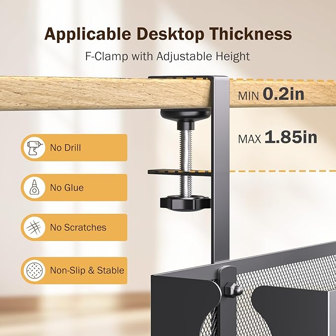 DELAMU Under Desk Cable Management Tray, No Drill Metal Mesh Cable Management Under Desk with F-Clamp Mount & 2 Open Holes, Cord Organizer for Home Office, 1 Pack, Black