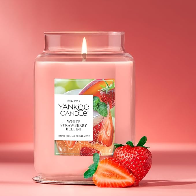 Yankee Candle Large Jar Scented Candle with up to 150 Hour Burn Time, Premium Plant Wax Blend for Consistent Burn, 22 oz Jar Candle with Room Filling Fragrance, White Strawberry Bellini
