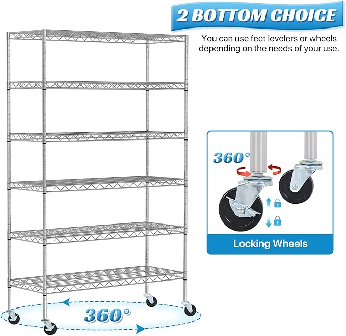 6-Tier Storage Shelves | 2100 LBS Capacity Garage Shelving | 48"×18"×82" Heavy Duty Metal Shelving Unit | Adjustable Wire Shelf on Wheels | Storage Rack for Garage Kitchen Pantry Basement, Chrome
