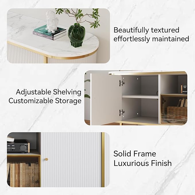 Luxury 70" Fluted TV Stand, Modern Entertainment Center for TVs Up to 80”, TV Console with Faux Marble Tabletop, Curved Profile Design, Media Console for Living Room, White