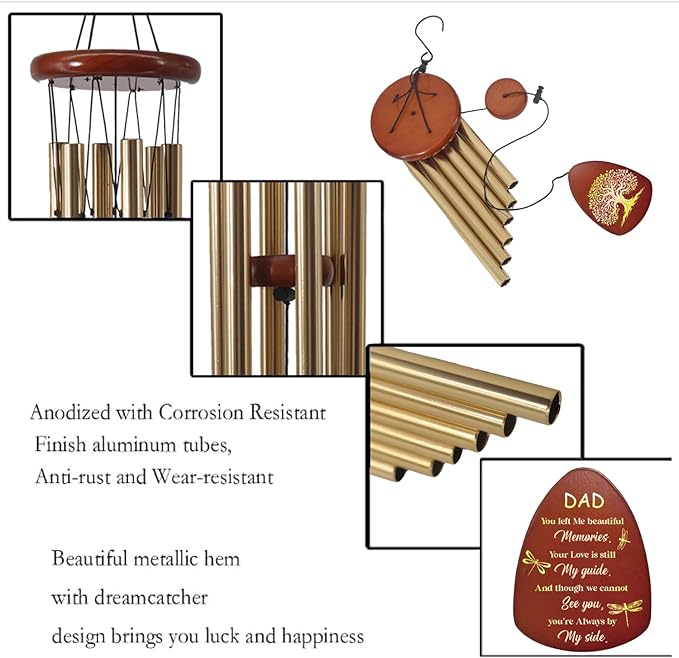 Memorial Sympathy Dad Wind Chimes for Outside, Dragonfly Wind Chimes for Loss of Father for Bereavement/Condolence/Funerary Gift Idea,32inch Wooden,Brown