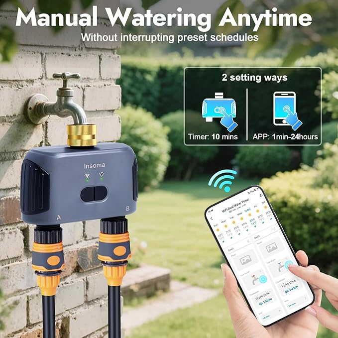 2 Zones WiFi Water Timer Brass Inlet, Sprinkler Timer for Garden Hose, APP Remote Control WiFi Hose Timers with Gateway, Voice Control with Alexa, Rain Delay and Manual Mode for Yard Lawn Watering